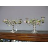 A Pair of Barker-Ellis Plated Twin Branch Candlesticks, and each with wired rose garland.