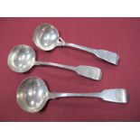 Three Hallmarked Silver Fiddle Pattern Sauce Ladles, GD, possibly London 1814, IWB, London 1824, WE