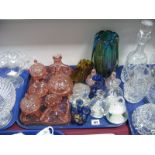 A Pink Glass Dressing Table Set, studio glass ribbed vase with aventurine flecks, amber glass