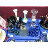 Mdina Glass Vase, XIX Century green glass jug, XIX Century purple glass decanter, etc:- One Tray