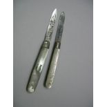 Two Hallmarked Silver Bladed Folding Fruit Knives, one with decorative blade, the other with