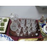 Webb Corbett Water Jug, decanter, eight Stuart wines, six whiskies:- One Tray