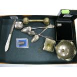 Hallmarked Silver and Other Teaspoons, mother of pearl handled folding fruit knife, rattle,