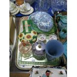 Blue and White Plates, green glass dressing table trays, floral thermometer, teacups, Wedgwood