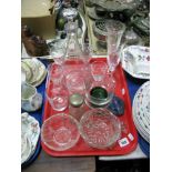 Assorted Glassware, including decanters, liqueur glasses, sifter, sundae dishes, etc:- One Tray