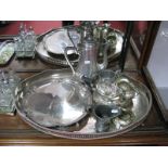 A Plated Three Piece Batchelors Tea Set, a pewter coffee pot and sugar bowl, salver bearing