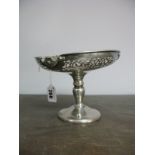 Silver Pedestal Dish, having pierced border and bent knopped stem on circular base. 220g.