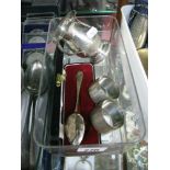 Silver Mug Birmingham 1964, a pair of silver napkin rings, silver spoon, 177g in total.