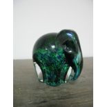 A Wedgwood Green and Blue Mottled Glass Elephant Paperweight.