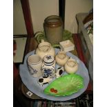 A Large Lettuce Leaf Dish, set of three graduated jugs, stoneware jar, Delft jar and cover, "