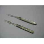 Two Part Hallmarked Silver Folding Two Prong Fruit Forks, each with mother of pearl scales. (2)