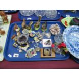 Dresden Crinoline Lady, animal figures, amethyst based squirrel, 925 patch box, etc:- One Tray