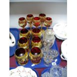 A Set of Six Venetian Ruby Glass Brandy Balloons, with gilt and enamel decoration, five matching