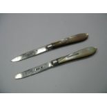 Two Hallmarked Silver Bladed Folding Fruit Knives, each with plain, shaped scales. (2)