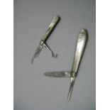 Two Hallmarked Silver Bladed Folding Fruit Knives, one also with folding button hook. (2)