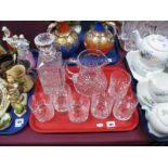 Six Cut Glass Whisky Tumblers, cut glass water jug and decanter:- One Tray