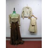 An Edwardian Two-Piece Afternoon Outfit, cream lace and tan chiffon blouse, trimmed with metallic