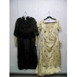 An Early XX Century Cream Striped Day Dress, with dropped waist, lace inset to 'V' neckline and