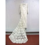 A Late XX Century Brussels Type Lace Wedding Dress, the front embellished with crystals to the