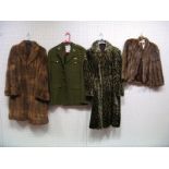 A c.1940's Brown Fur Short Cape, a full length fur coat and a faux fur animal print coat; together