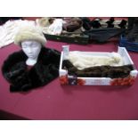 A Cream Mink Hat and Collar, dark mink collar and a mink tippet with pom-pom fastening.