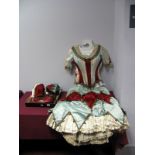 A Mid XX Century Theatrical/Pantomime Outfit, comprising tiered red, turquoise and cream silk