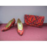 A Pair of Lady's Renata Signorina Shoes, in a red, orange and grey abstract patterned fabric, with