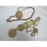 A 9ct Gold Oval Locket Pendant, on fancy link chain, applied "9c"; together with another chain,