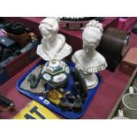 Two Plaster Busts of Classical Ladies, Noritake hexagonal jar and cover, pipes, opera glasses, etc:-