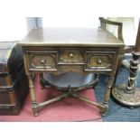 A XVII Century Style Oak Side Table, with three moulded shaped drawers, turned and block supports,