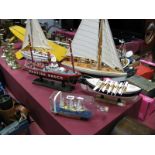 Four Wooden Model Sailing Ships, rowing boat, Kentish Knock trawler, and a ship in a bottle. (5)