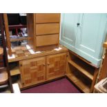 A Modern Hardwood Corner Sideboard, fitted with cupboard doors and open shelves and decorated with