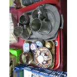 Four XIX Century Pewter Plates, bearing touch marks. Tray, tankards, trinkets, etc:- One Tray