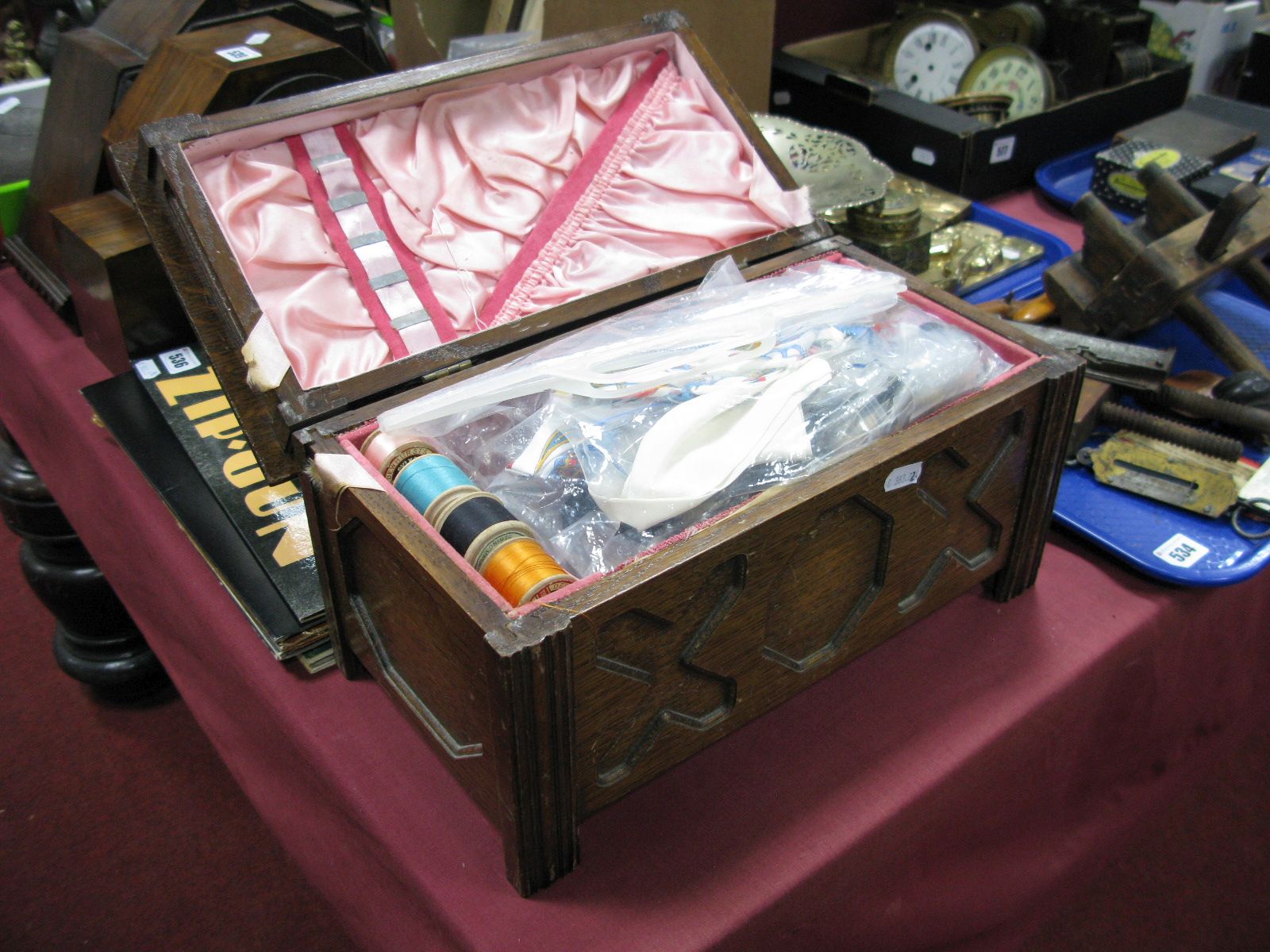 Morco Oak Sewing Box, as a coffer, with contents.