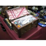 Morco Oak Sewing Box, as a coffer, with contents.