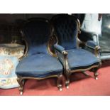 A Pair of XIX Century Walnut His and Hers Salon Chairs, with carved top rails, upholstered back