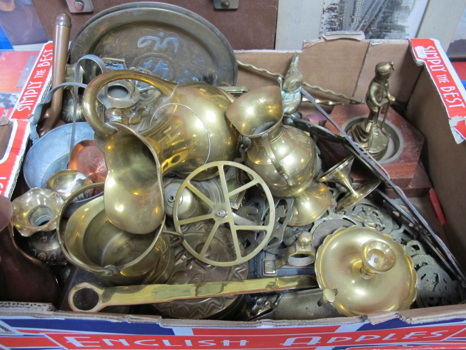 Brassware- to include martingales, loose horse brasses, ice bucket, figures, trivet, etc:- One Box