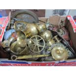 Brassware- to include martingales, loose horse brasses, ice bucket, figures, trivet, etc:- One Box