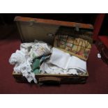 Quantity of Crochet, Needlework and other linens in leather case.