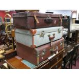 Hessian Covered Wood and Metal Bound Travelling Trunk, and two cases. (3)