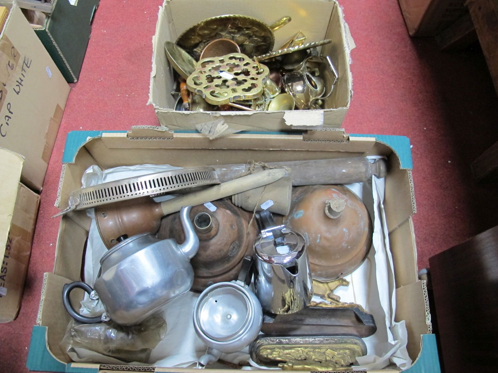 Cast Metal Dog Doorstops, wooden masher, copper possers, brass and copper ware, etc:- Two Boxes