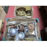 Cast Metal Dog Doorstops, wooden masher, copper possers, brass and copper ware, etc:- Two Boxes