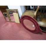 Oval Bevelled Wall Mirror, in pink dralon frame; folding dressing mirror. (2)