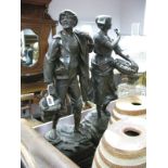 Pair of Early XX Century Spelter Figures of Fisherman and Fishergirls. Both on square brass bases,