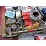 Copper Kettle, plated dressing tray, Sounder Relaying Type 2 telegraph, money boxes, etc:- One box