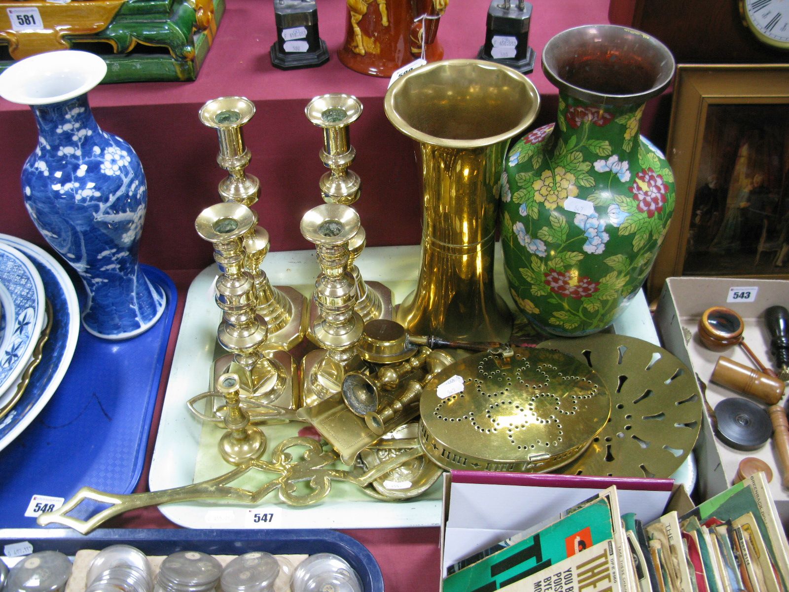 A Chinese Cloisonné Vase, waisted brass vase, candlesticks and other brassware:- One Tray
