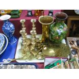 A Chinese Cloisonné Vase, waisted brass vase, candlesticks and other brassware:- One Tray