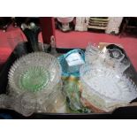 Victorian Press Moulded Shallow Dish, basket dish, green lustre carnival glass vase and dish, oil