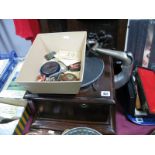 His Masters Voice Mahogany Cased Table Top Gramophone, together with needle tins, record cleaner,