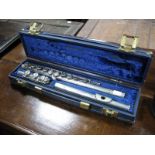 A Rudall Carte & Co Ltd London Three Piece Chrome Flute, (sonata N), in a lined Boosay & Hawkes hard